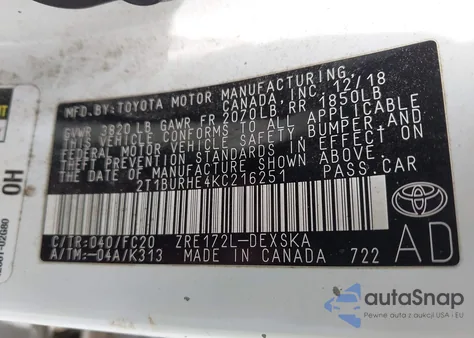 2019 Toyota Corolla Se из США, поврежденный, VIN 2T1BURHE4KC216251